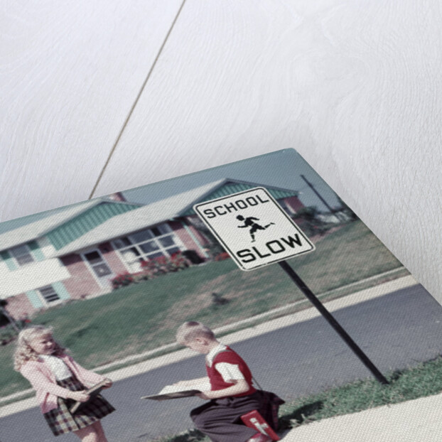 1950s Twin Girls and Boy On Sidewalk By School by Anonymous