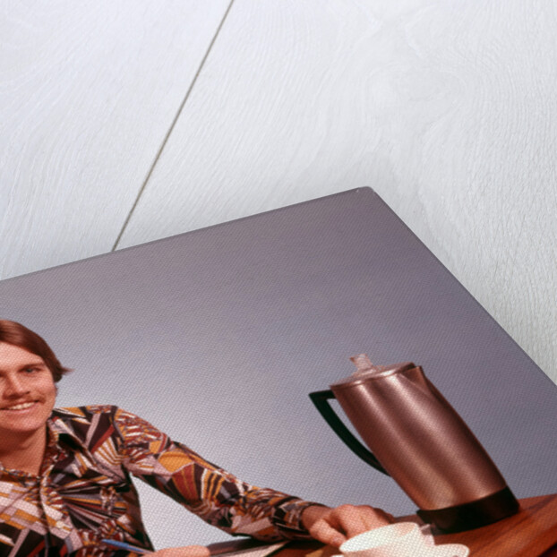 1970s Young Man Mustache Loud Print Shirt Desk Empty Coffee Cup Pot Family Budget by Anonymous