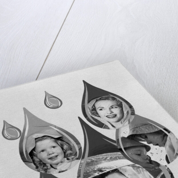 1950s 1960s Rain Motif Montage With Faces In Rain Gear Superimposed Inside Raindrops by Anonymous