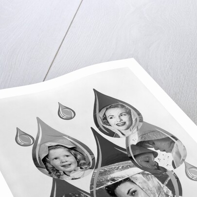 1950s 1960s Rain Motif Montage With Faces In Rain Gear Superimposed Inside Raindrops by Anonymous