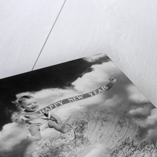 1930s Montage Baby Sitting On Top Of The World Earth Globe In Clouds Holding Happy New Year Banner by Anonymous