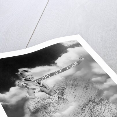 1930s Montage Baby Sitting On Top Of The World Earth Globe In Clouds Holding Happy New Year Banner by Anonymous