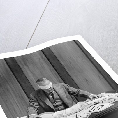 1940s Blindfolded Man In Office Post War Sign On Desk by Anonymous
