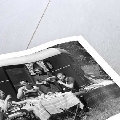 1930s Two Couples Eating Picnic Lunch Beside Camping Trailer by Anonymous