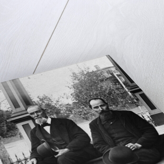 1890s 1900 Two Bearded Men In Suits Holding Bowler Hats Sitting On Stairs In Front Of House by Anonymous