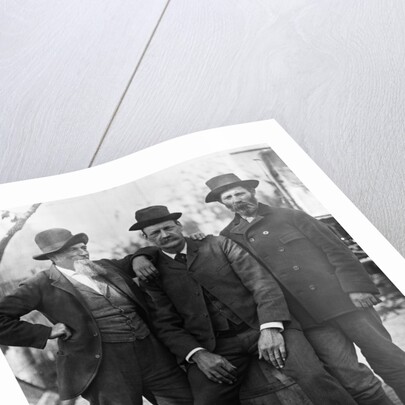 1890s 1900 Three Men With Beard Or Mustache Wearing Hats One Sitting On Barrel by Anonymous