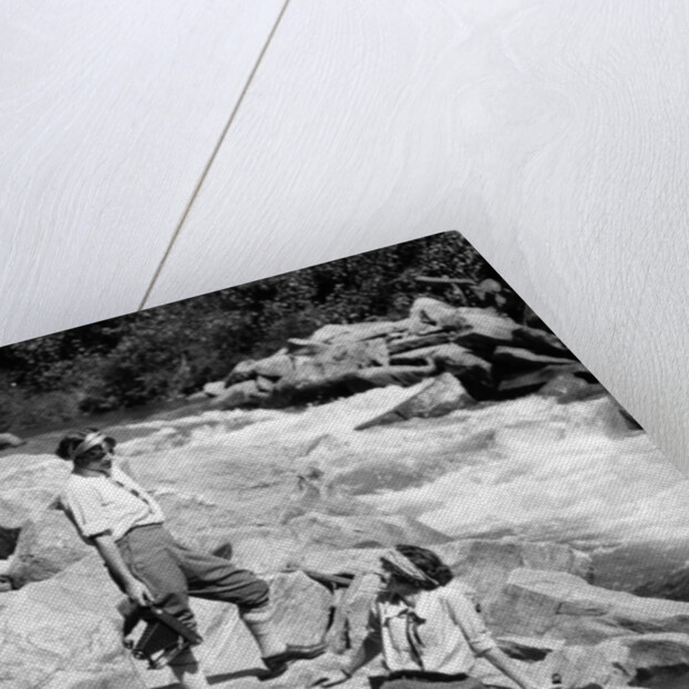 1920s Two Women Sisters On Rocks By Creek Talking Holding Folding Camera by Anonymous