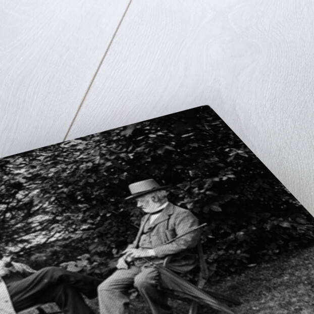 1900 Two Men Sitting Outside In Chairs Among Trees Smoking Cigars Talking Dog Laying At Their Feet by Anonymous