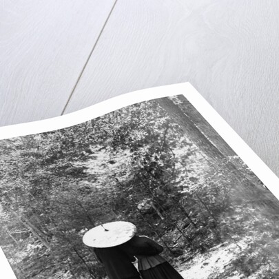 1900 View Of Back Of Couple Walking Through Woods Under Umbrella Man With Arm Around Woman by Anonymous