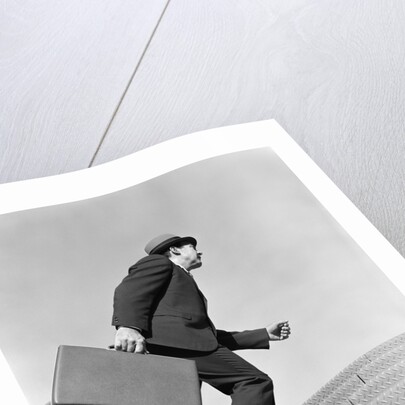1960s Salesman Briefcase In Hand Climbing Steep Hard Steel Tread Stairs by Anonymous