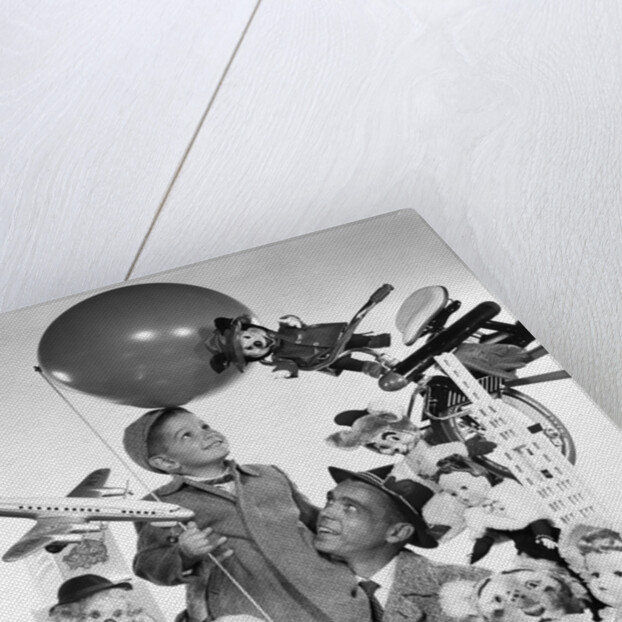 1950s Father With Son Holding Balloon Surrounded By Toys and Stuffed Animals by Anonymous