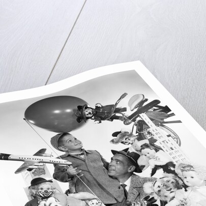 1950s Father With Son Holding Balloon Surrounded By Toys and Stuffed Animals by Anonymous