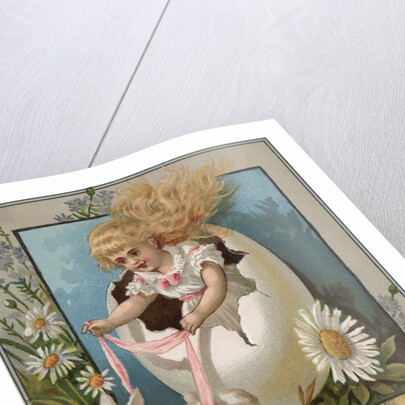 Easter Greeting Postcard with Rabbits Pulling Girl in Egg by Anonymous