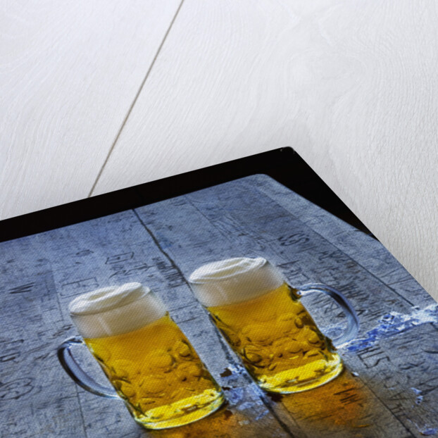 Two Glass Mugs of Beer on Table by Anonymous