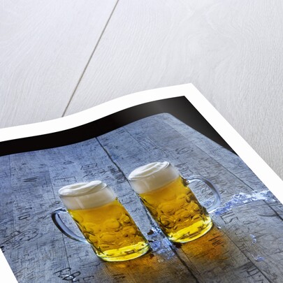 Two Glass Mugs of Beer on Table by Anonymous