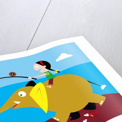 Girl fishing from friendly elephant's back by Anonymous