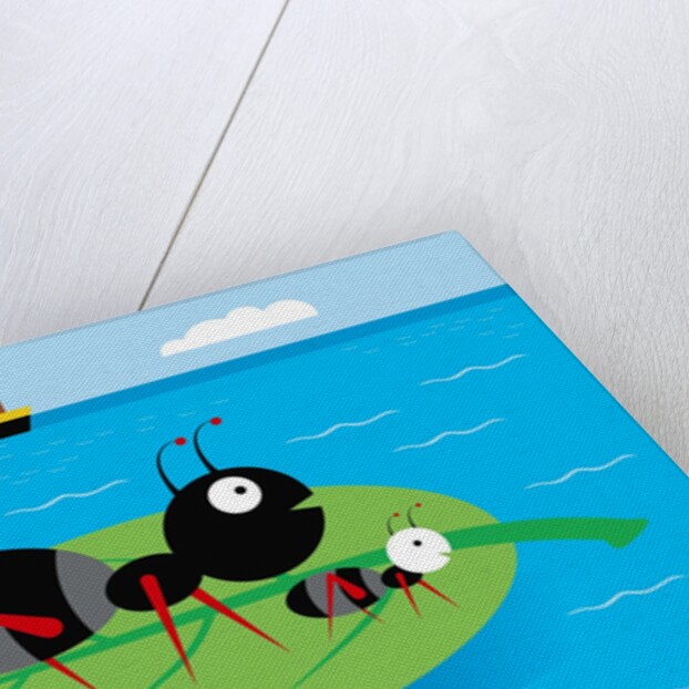 Two ants floating on a leaf in the ocean by Anonymous