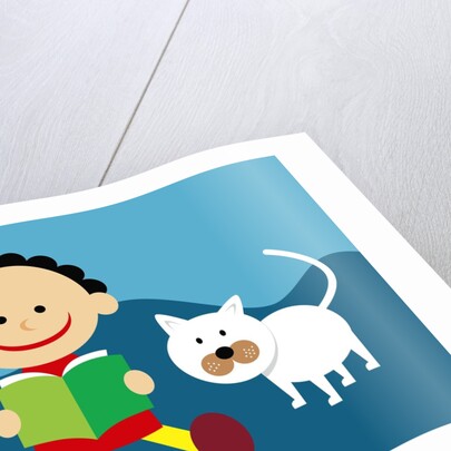 Boy and cat reading a book by Anonymous