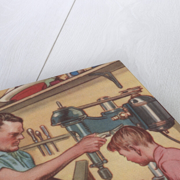Illustration of Boy Watching Father Use Drill Press by Anonymous