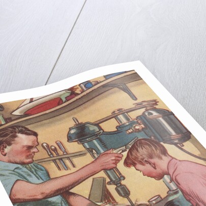 Illustration of Boy Watching Father Use Drill Press by Anonymous