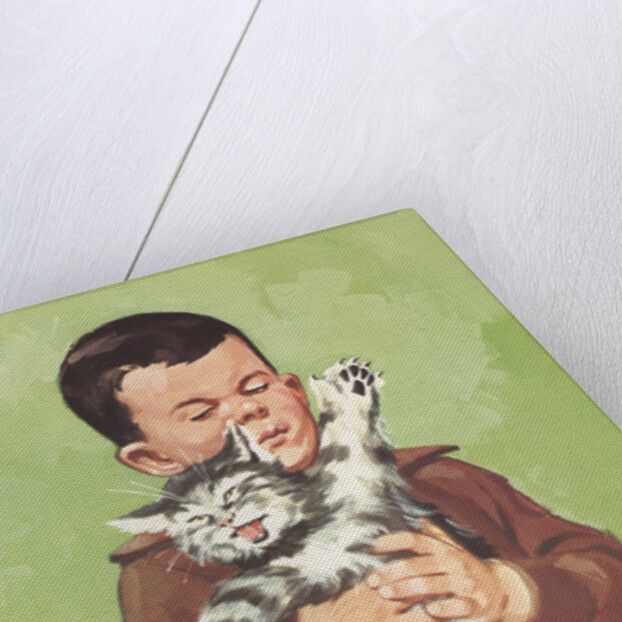 Illustration of Boy Holding Unhappy Cat by Anonymous