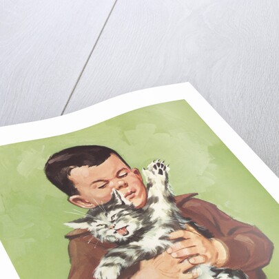 Illustration of Boy Holding Unhappy Cat by Anonymous