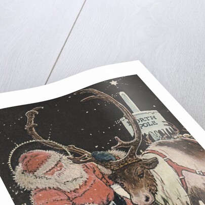 Illustration of Santa Feeding Reindeer Candy Cane by John Rae