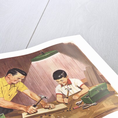 Illustration of Father Teaching Son to Handle Tools by Anonymous