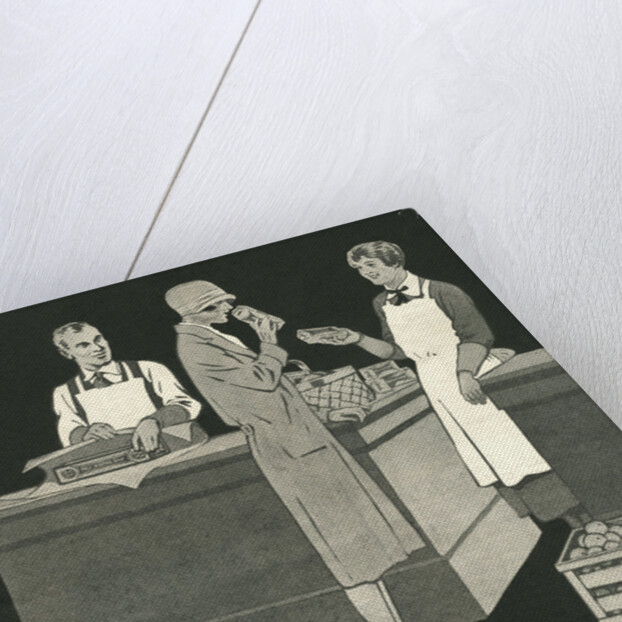 Illustration of Woman with Two Grocery Store Clerks by Anonymous