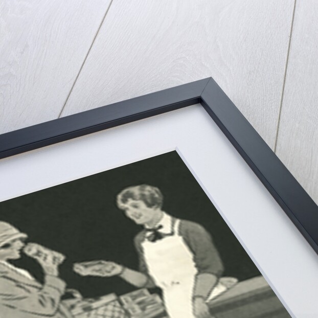 Illustration of Woman with Two Grocery Store Clerks by Anonymous