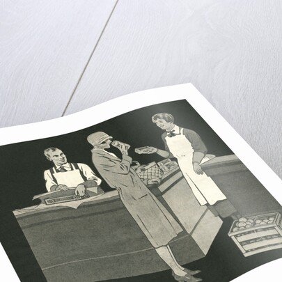 Illustration of Woman with Two Grocery Store Clerks by Anonymous