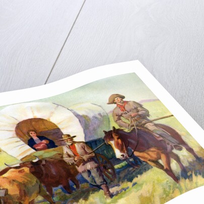Illustration of Wagon Train of American Settlers Moving Across Western Plains by Anonymous