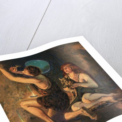 Illustration of Caveman Chiselling in Cave Wall by Walter Haskell Hinton