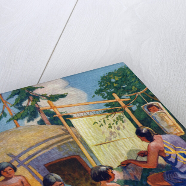 Illustration of Native Americans weaving and making pottery by Arnold Lorne Hicks