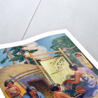 Illustration of Native Americans weaving and making pottery by Arnold Lorne Hicks