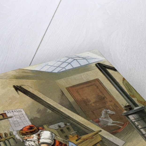 Illustration of Santa Claus making toys at his North Pole workshop by William Roger Snow