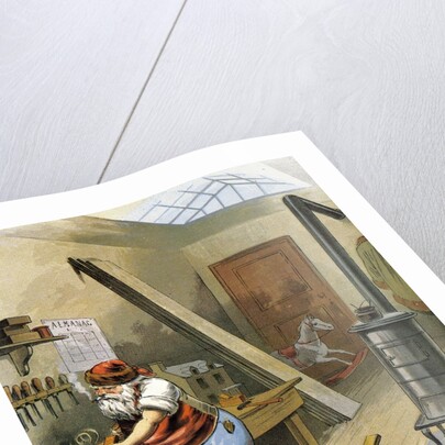 Illustration of Santa Claus making toys at his North Pole workshop by William Roger Snow