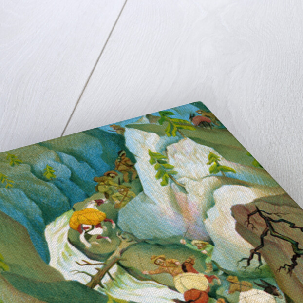 Illustration of Yankee trappers traveling through the Sierra Nevadas by C.H. DeWitt