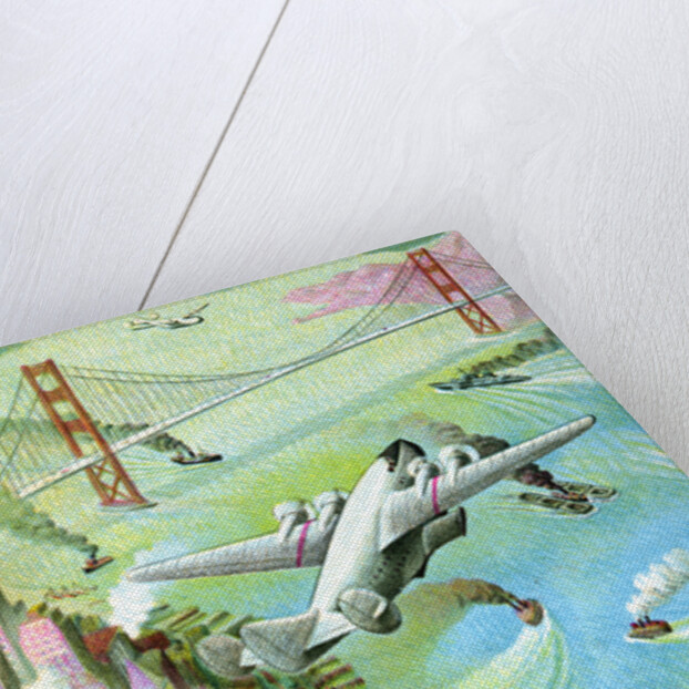 Illustration of airplane flying over San Francisco Bay by C.H. DeWitt
