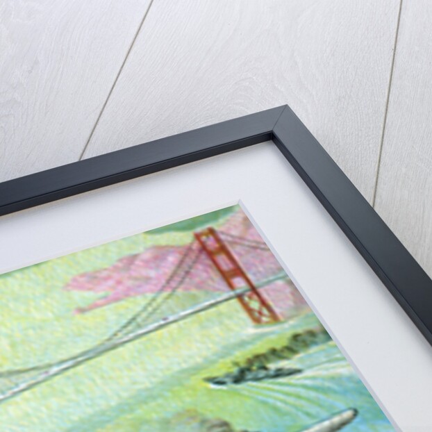 Illustration of airplane flying over San Francisco Bay by C.H. DeWitt