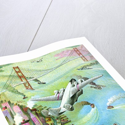 Illustration of airplane flying over San Francisco Bay by C.H. DeWitt