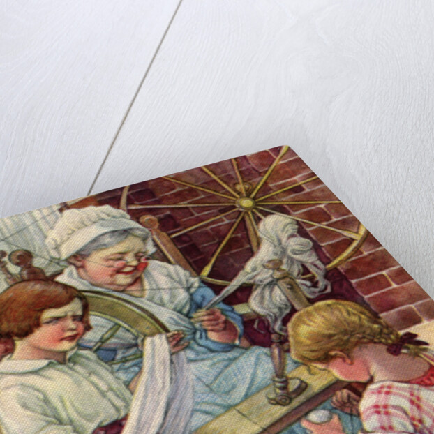 Illustration of children helping grandmother spin wool by Clara M. Burd