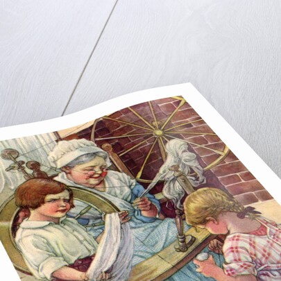 Illustration of children helping grandmother spin wool by Clara M. Burd