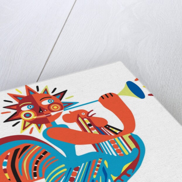 Sun riding chicken and playing horn by Anonymous