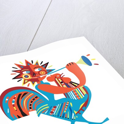 Sun riding chicken and playing horn by Anonymous