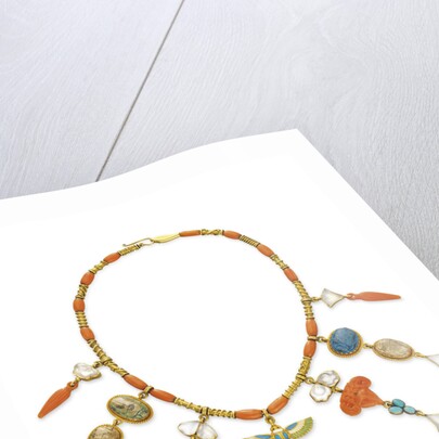 Egyptian Revival coral, multi-gem and gold necklace by Anonymous