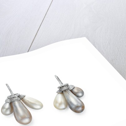 Pearl and diamond earrings by Anonymous