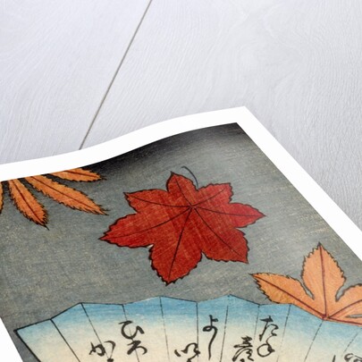 Japanese print of fan with maple leaves by Anonymous
