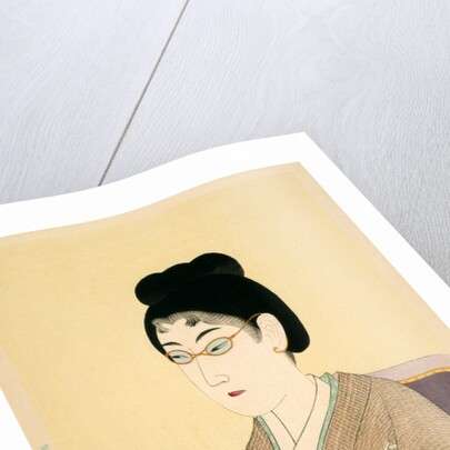 Print of woman wearing wire spectacles by Hashimoto Chikanobu