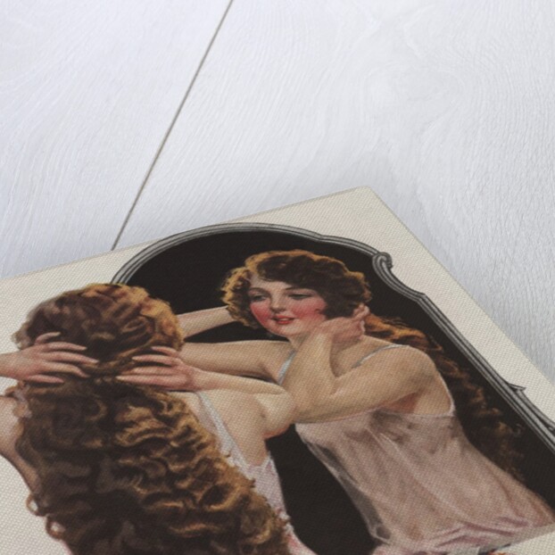 Brunette fixing hair in mirror by Anonymous